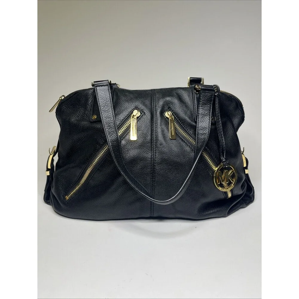Michael Kors Portland Pebbled Black Leather Satchel Purse Gold Zipper Handbag